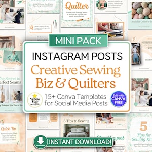 Sewing Craft Instagram Post Templates. Mini Pack of 15 Canva Social Media Post Designs for Sewing Business & Quilting, IG Highlight Covers
