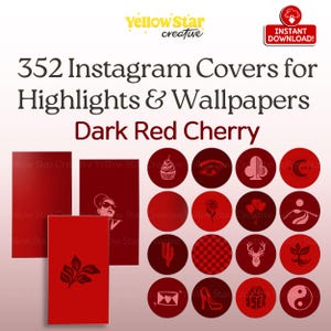 May include: Digital product with 352 Instagram highlight covers and wallpapers in a dark red cherry colour. The image shows examples of the covers with various icons and designs, and the text "Instant Download!"
