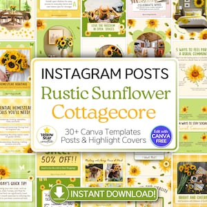 Sunflower Cottagecore Social Media Templates. 30+ Country Living Rustic Sunflower Aesthetic Instagram Canva Templates. Insta Highlight Icon