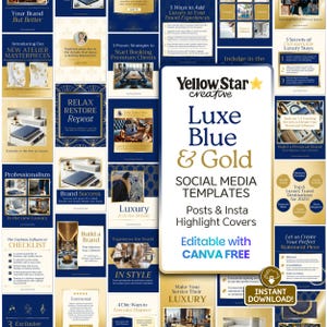 Può includere: Una collezione di modelli di social media blu e oro, con il testo "Luxe Blue & Gold" e "Social Media Templates". I modelli sono progettati per post e copertine di evidenziazione di Instagram e sono modificabili con Canva.