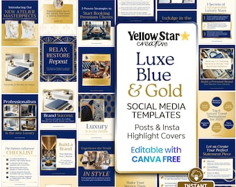 Blue and Gold Instagram Post Canva Templates | Luxury Aesthetic Canva Designs for Fashion, Lifestyle, and Business Marketing & Branding