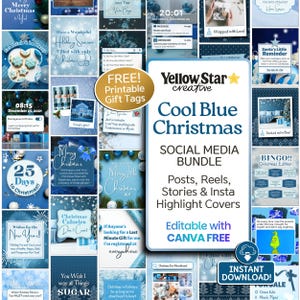 Blue Christmas Instagram Canva Templates Bundle. 50+ Holiday Social Media Posts, Reels, Stories, Festive Highlight Icons with Free Gift Tags