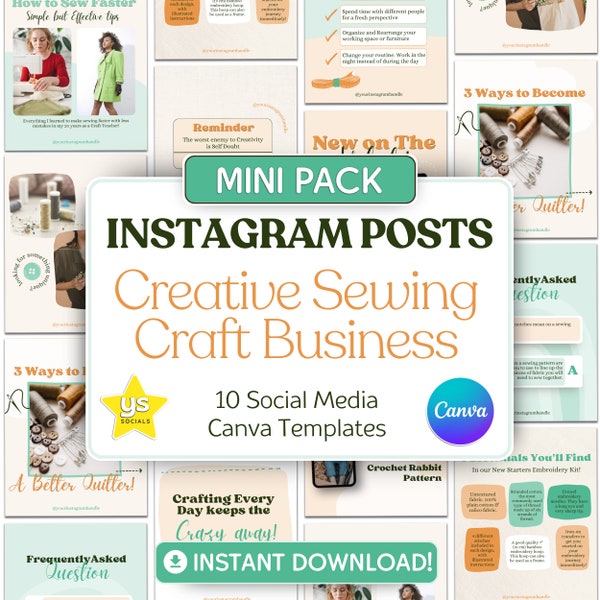 Instagram Posts for Creative Sewing Business, Craft Coaches. Mini Starter Pack 10 Social Media Marketing Canva Templates. {INSTANT DOWNLOAD}