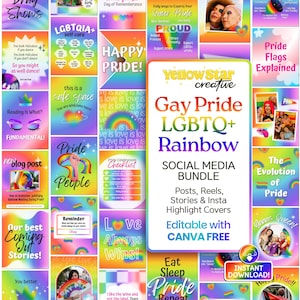 Publicaciones para redes sociales sobre la celebración del Orgullo Gay. 70 plantillas LGBTQ de Canva con degradado arcoíris para publicaciones, historias de Instagram, Reels y portadas destacadas de Instagram.