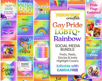 Publicaciones para redes sociales sobre la celebración del Orgullo Gay. 70 plantillas LGBTQ de Canva con degradado arcoíris para publicaciones, historias de Instagram, Reels y portadas destacadas de Instagram.