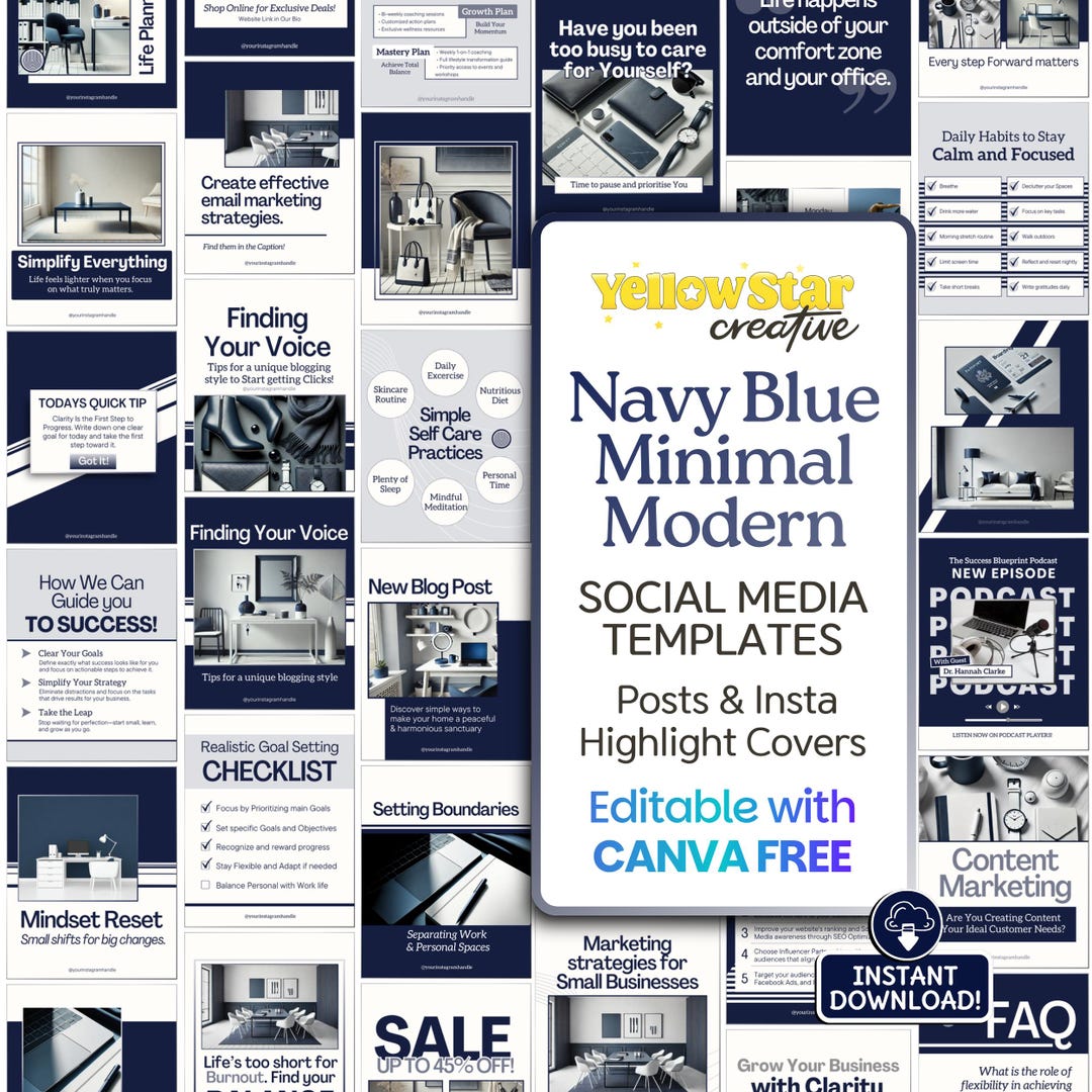 Navy Blue Grey Minimal Modern Instagram Templates Canva Pack, 60 ...