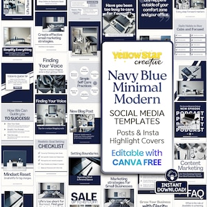 Navy Blue Grey Minimal Modern Instagram Templates Canva Pack, 60+ Social Media Posts, Highlight Cover Designs for Small Business & Marketing