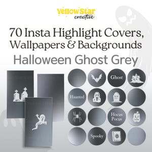 May include: A promotional image for Halloween-themed Instagram highlight covers, wallpapers, and backgrounds. The design features a gradient gray color scheme with white illustrations of ghosts, bats, and haunted houses. Text includes "70 Insta Highlight Covers, Wallpapers & Backgrounds Halloween Ghost Grey."