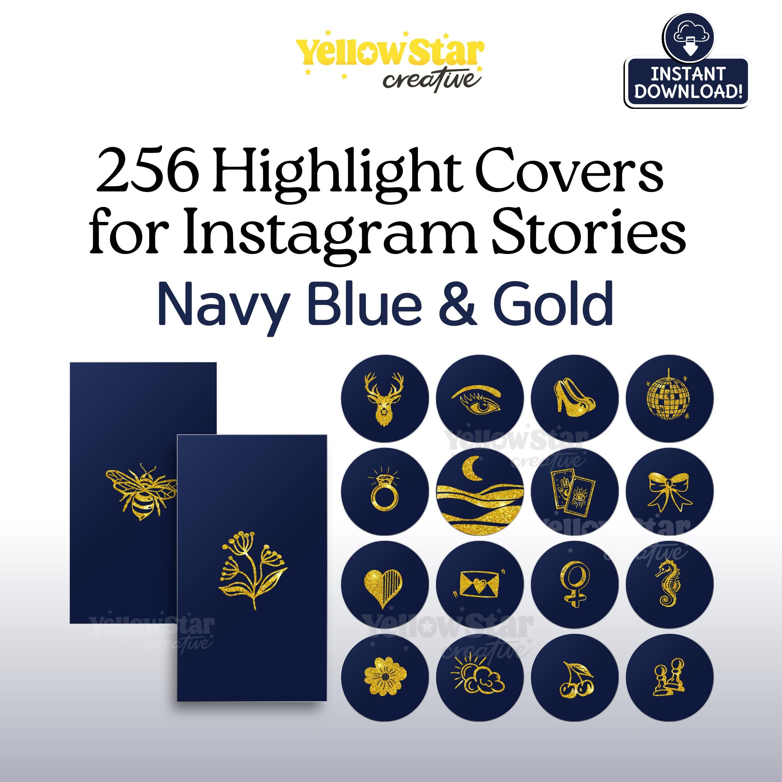Navy Blue and Gold Instagram Highlight Covers, 256 Hand Drawn 
