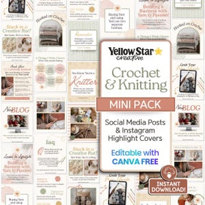 Knitting Instagram Post Templates, Crochet & Yarn Business Canva Designs, Story Highlights Covers for Handmade Makers and Etsy Sellers