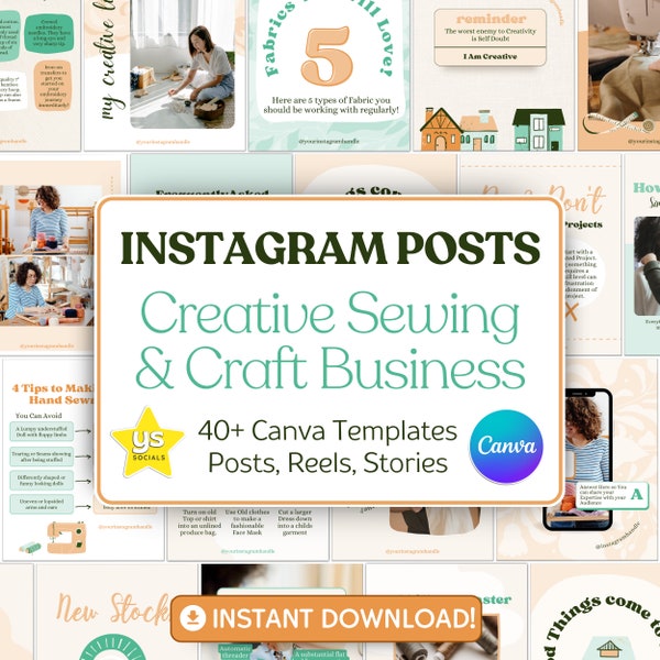 Instagram Posts for Creative Sewing Business, Craft Coaches, Etsy Sellers. 40+ Social Media Marketing Canva Templates. {INSTANT DOWNLOAD}