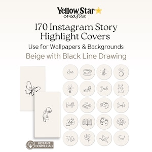 May include: A set of 170 Instagram Story Highlight Covers in beige with black line drawings. The image features icons for various categories, including hair, bride, health, and food. Text includes "Use for Wallpapers & Backgrounds".