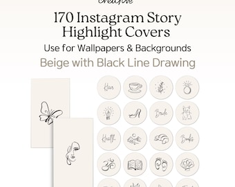 Black Beige Handdrawn Minimalist Instagram Highlight Covers, 170 Neutral Aesthetic Boho Chic Style Line Art Insta Story Icons