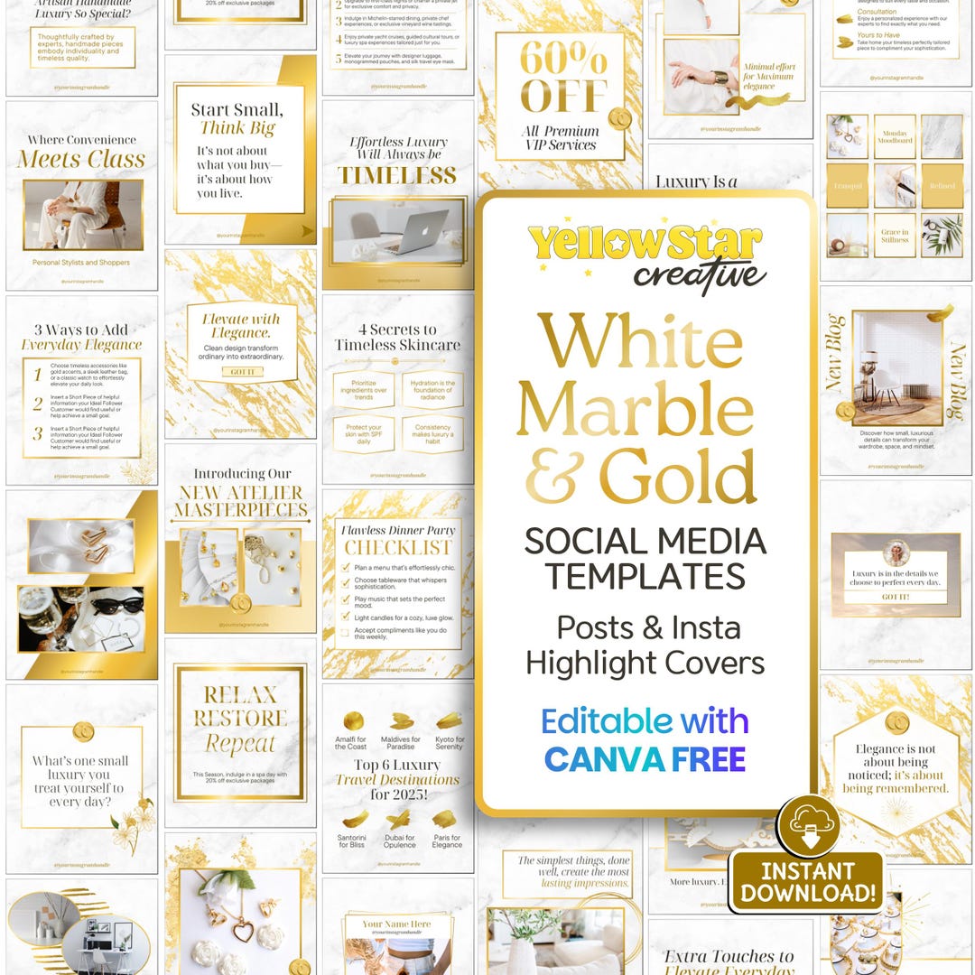White and Gold Instagram Luxury Branding Canva Templates. 40+ Social ...