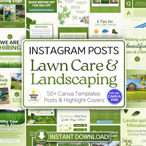Lawn Care & Landscaping Services Instagram Post Templates. 50 Canva Designs For Yard Care Maintenance, Lawn Care Graphics, Gardening Service