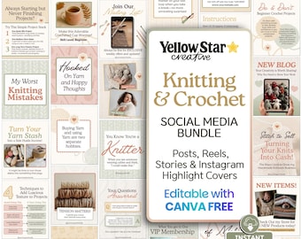 Knitting & Crochet Instagram Templates Bundle. 50+ Canva Templates for handmade Makers Social Media, Posts, Reels, Stories, IG Highlights