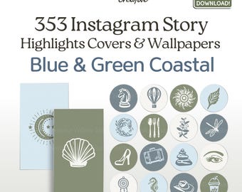 Blue Green Coastal Style Handdrawn Insta Highlight Cover Icons, 353 Modern Boho Nautical Colours Button Covers, Phone Wallpaper & Background