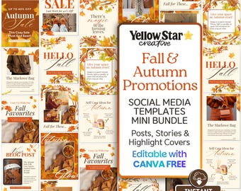 Fall Promotions Instagram Posts Canva Templates, Autumn Aesthetic Canva Social Media Marketing Bundle, Insta Stories & IG Highlight Covers
