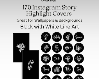 Aesthetic Black Handdrawn Line Art Instagram Highlight Covers, 170 Black Elegant Highlights with White Minimalist Story Icons