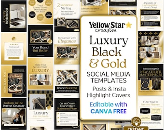 Gold & Black Luxury Branding Business Instagram Posts Canva Templates. 45+ Modern Premium Instagram Social Media Marketing, Highlight Icons