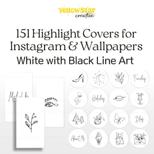 Portadas destacadas minimalistas blancas para Instagram con arte lineal simple dibujado a mano en negro, 151 íconos estéticos blancos y negros y fondos de pantalla para teléfono