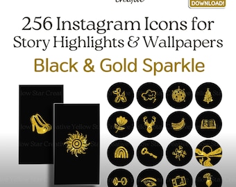 Gold and Black Instagram Highlight Covers, 256 Hand Drawn Black Branding Instagram Story Icons, Gold Glitter Backgrounds & Phone Wallpaper