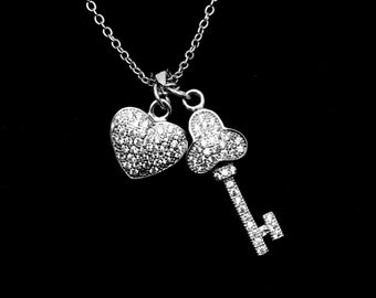 Heart Key Pendant Necklace, 925 Sterling Silver Necklace, CZ Heart Key Necklace, Key Necklace, CZ Pave Heart Key Charm Necklace Chain