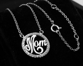 Sterling Silver Mom Pendant Necklace, 925 Solid Silver Mom Circle Pendant, Mother Pendant, Mom Round Pendant, Mom Pendant Chain Gift