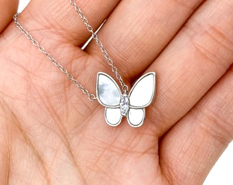 Mother Of Pearl Butterfly Pendant Necklace, 925 Sterling Silver Butterfly Necklace, CZ Butterfly Chain, Butterfly Pendant Chain Gift For Her