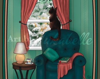 Cat watching snow art print in metallic finish