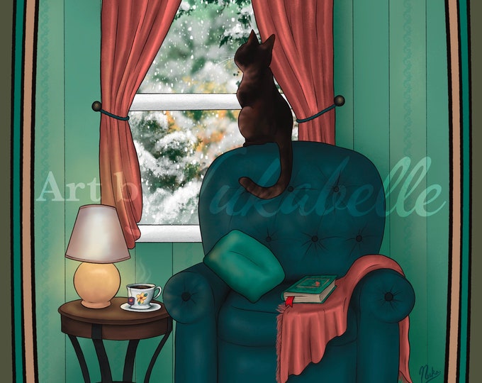 Cat watching snow art print in metallic finish