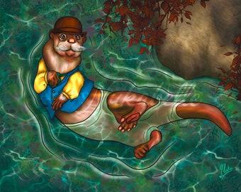 Steampunk Sir Swim-A-Lot Otter art print with metallic finish