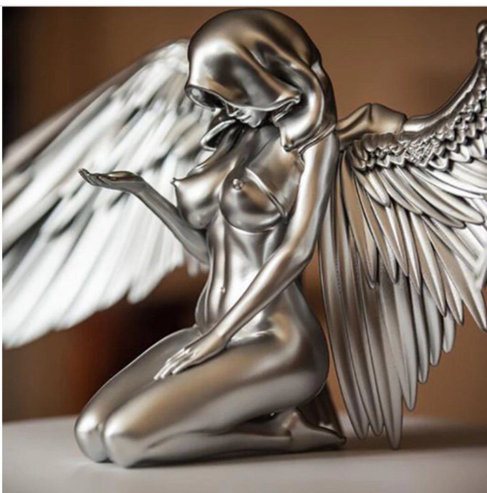 Silver Angel Statue Art Angel Female Wings Kneeling Cape Cap Etsy