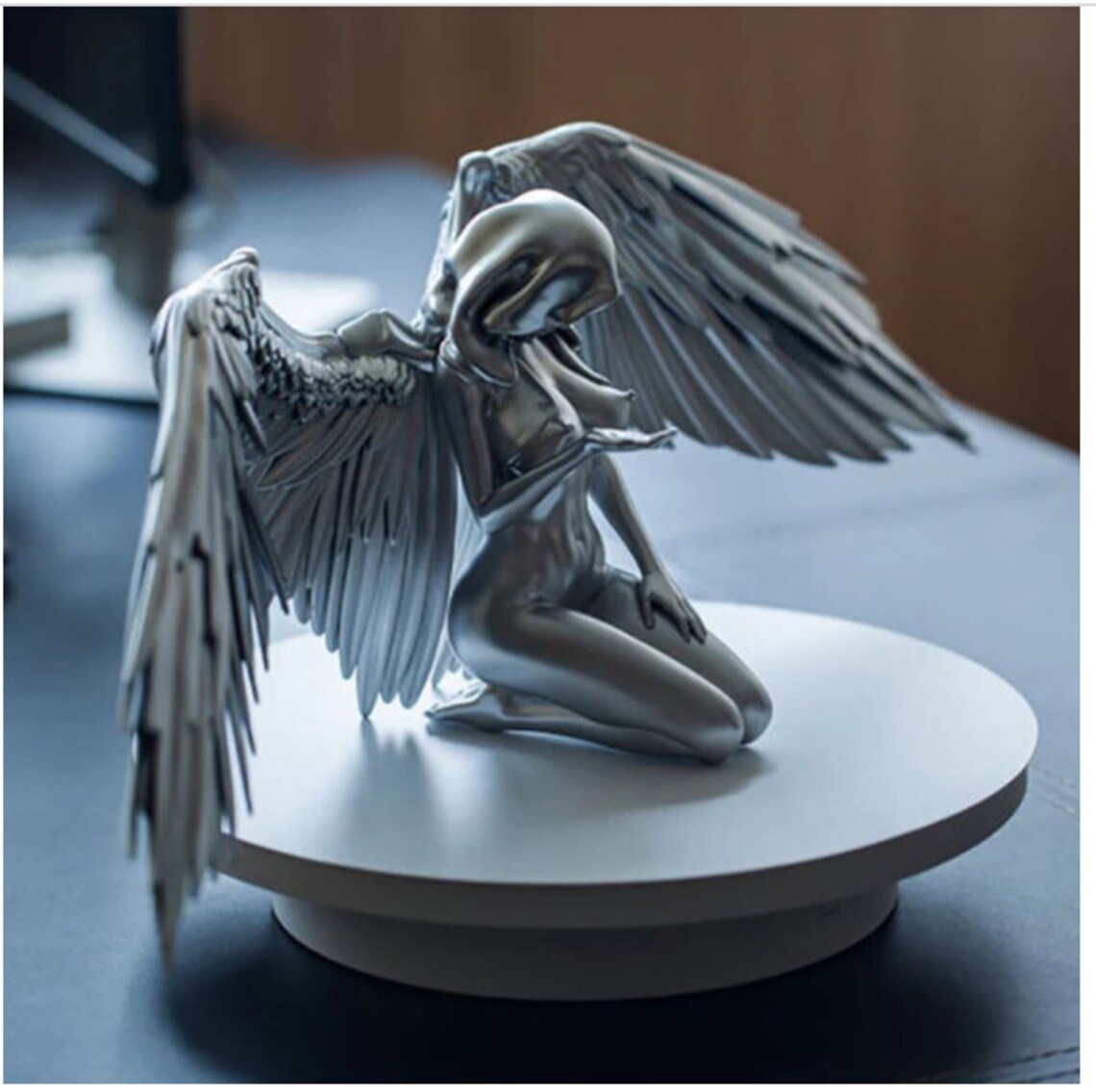 Silver Angel Statue Art Angel Female Wings Kneeling Cape Cap Etsy