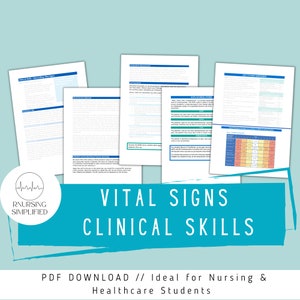 Op de afbeelding: Een blauwe en witte afbeelding met de tekst "RNURSING SIMPLIFIED" en "VITAL SIGNS CLINICAL SKILLS" in witte tekst. Onder de afbeelding staat de tekst "PDF DOWNLOAD // Ideaal voor verpleegkundigen en studenten in de gezondheidszorg".