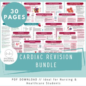 May include: A medical educational bundle with 30 pages of cardiac revision information. The bundle includes information on heart valves, cardiac circulation, and cardiac conduction. The text "CARDIAC REVISION BUNDLE" is displayed in large, bold letters.
