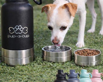 32oz Dog Travel Water Bottle with Food Bowl | 3-in-1 Pet Water Bottle | Portable Dog Bowl | Leak Proof Stainless Steel Pup-a-Cup