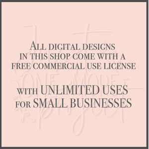 K&ouml;nnte beinhalten: Ein rosa Hintergrund mit wei&szlig;em Text, der "ALL DIGITAL DESIGNS IN THIS SHOP COME WITH A FREE COMMERCIAL USE LICENSE WITH UNLIMITED USES FOR SMALL BUSINESSES" lautet.