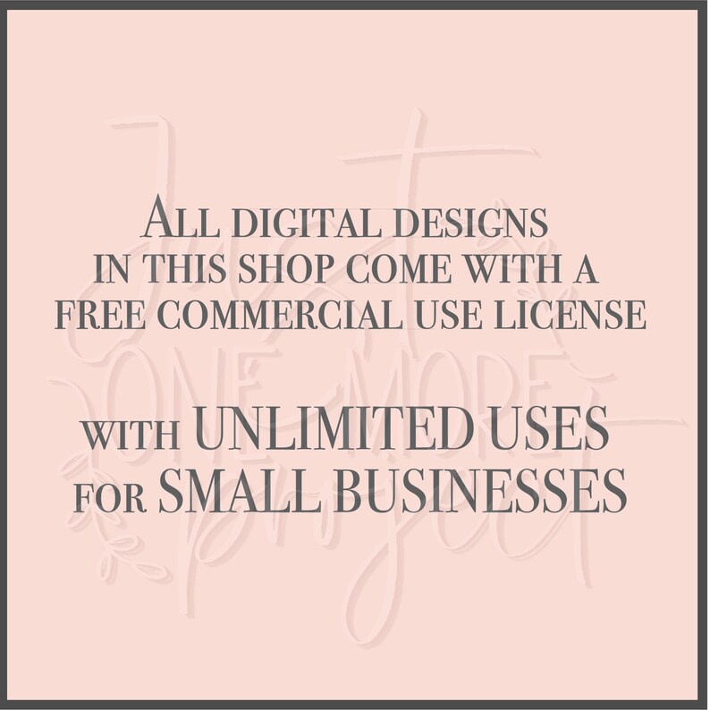 K&ouml;nnte beinhalten: Ein rosa Hintergrund mit wei&szlig;em Text, der "ALL DIGITAL DESIGNS IN THIS SHOP COME WITH A FREE COMMERCIAL USE LICENSE WITH UNLIMITED USES FOR SMALL BUSINESSES" lautet.
