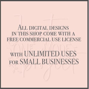 K&ouml;nnte beinhalten: Ein rosa Hintergrund mit wei&szlig;em Text, der "ALL DIGITAL DESIGNS IN THIS SHOP COME WITH A FREE COMMERCIAL USE LICENSE WITH UNLIMITED USES FOR SMALL BUSINESSES" lautet.