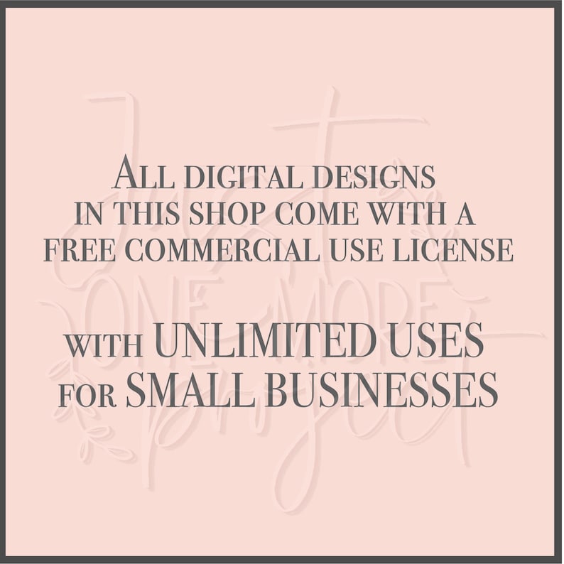 K&ouml;nnte beinhalten: Ein rosa Hintergrund mit wei&szlig;em Text, der "ALL DIGITAL DESIGNS IN THIS SHOP COME WITH A FREE COMMERCIAL USE LICENSE WITH UNLIMITED USES FOR SMALL BUSINESSES" lautet.