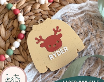 Ugly Christmas Sweater Bag Tag SVG | Reindeer Christmas Laser Cut File | Holiday Backpack Tag | Personalized Christmas Bag Tag | Glowforge