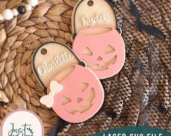 Jack O Lantern Bag Tag SVG | Trick or Treat Bucket Laser Cut File | Halloween Bag Tag | Pumpkin Backpack Tag | Glowforge File | Laser SVG
