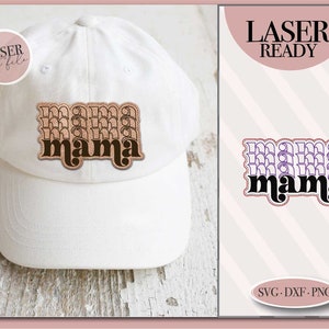 Può includere: Un file di taglio laser per un design "mamma". Il design presenta la parola "mamma" impilata più volte su se stessa in un font retrò. Il design è perfetto per creare una toppa, un adesivo o altro progetto artigianale.