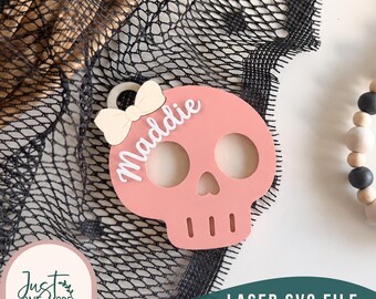 Skull Bag Tag SVG | Halloween Skull with Bow Laser Cut File | Personalized Backpack Tag | Cute Skull SVG | Luggage Tag | Glowforge File