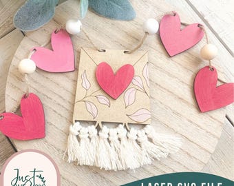 Valentine's Day Macrame Heart Garland SVG, Glowforge Laser Cut File (Digital Download)