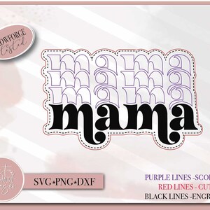 K&ouml;nnte beinhalten: Eine digitale Design-Datei f&uuml;r ein mehrschichtiges "mama"-Wortkunstdesign. Das Design enth&auml;lt violette Linien zum Ritzen, rote Linien zum Schneiden und schwarze Linien zum Gravieren. Das Design ist f&uuml;r die Verwendung mit einem Glowforge geeignet.