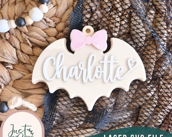 Bat Bag Tag SVG | Halloween Bat with Bow Laser Cut File | Personalized Backpack Tag | Cute Bat SVG | Luggage Tag | Glowforge File