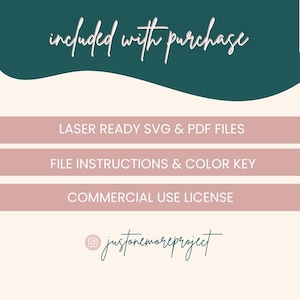 Op de afbeelding: Een afbeelding die de digitale bestanden laat zien die bij een aankoop worden meegeleverd. De bestanden omvatten laserklare SVG- en PDF-bestanden, bestandsinstructies, een kleurcode en een licentie voor commercieel gebruik. De tekst "justonemoreproject" is ook inbegrepen.
