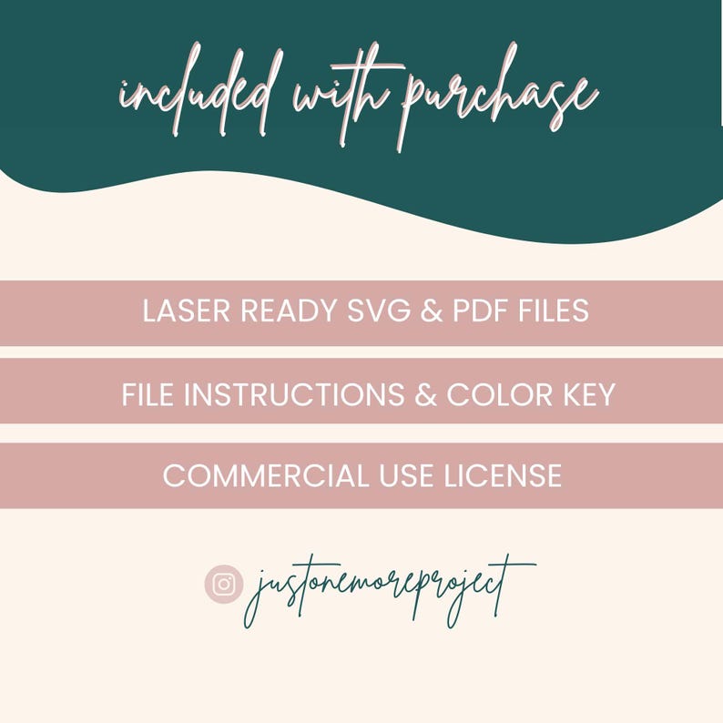 May include: A graphic showing the digital files included with a purchase. The files include laser-ready SVG and PDF files, file instructions, a color key, and a commercial use license. The text "justonemoreproject" is also included.